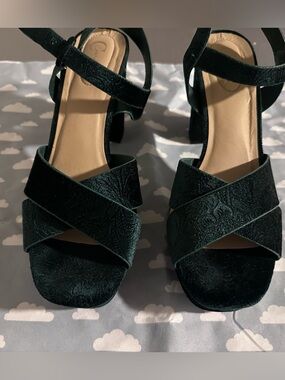Cato Dark Green Velvet Cross-Strap Block Heels